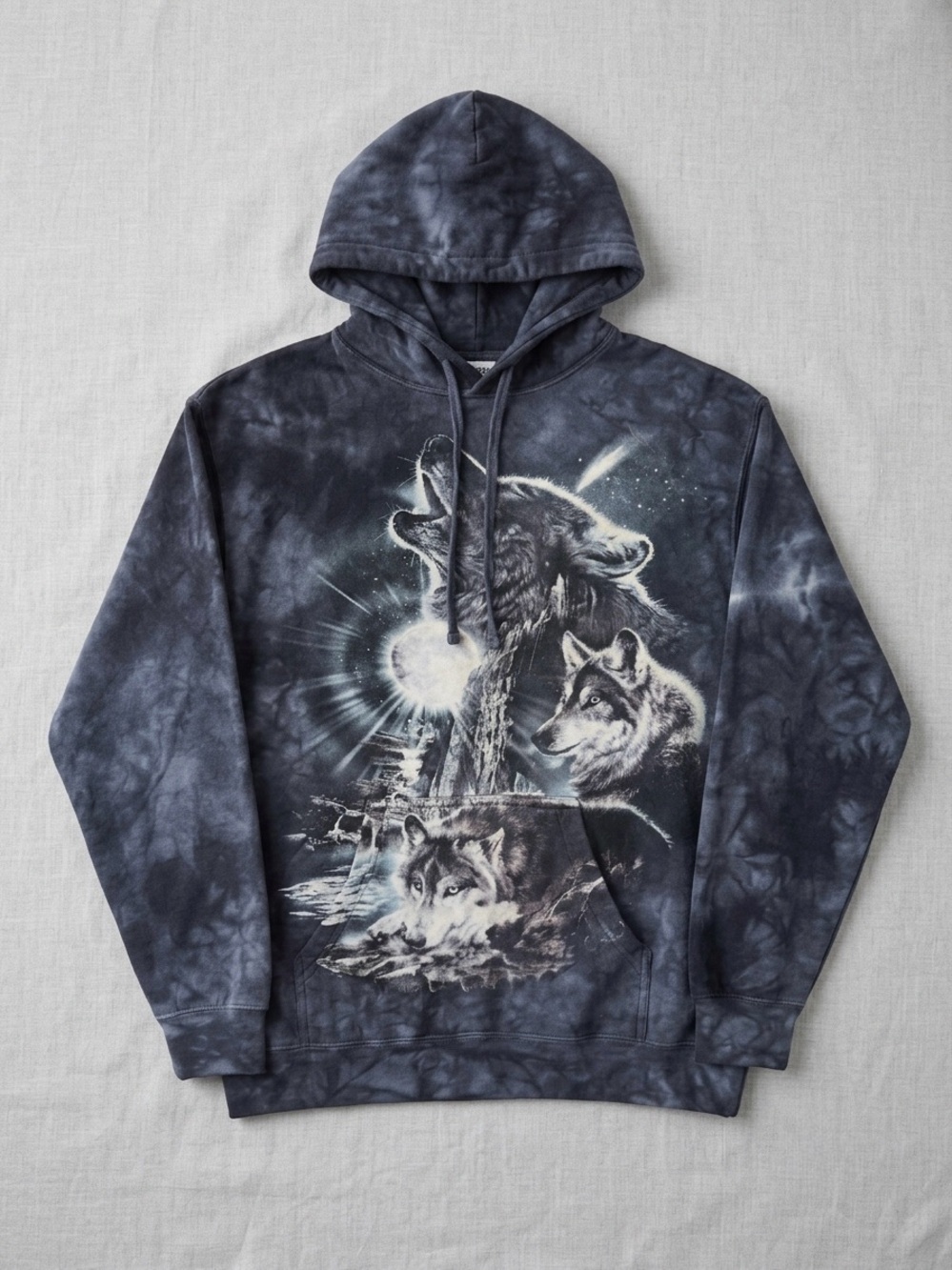 Tie-Dye Wolf Graphic Hoodie - Navy/Gray